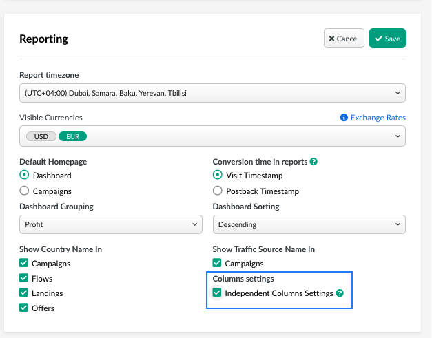 independent columns settings