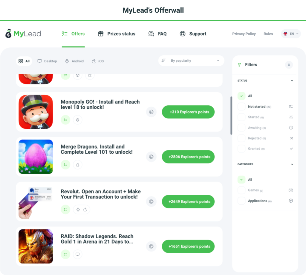MyLead’s Offerwall screenshot, get to know our new tool.
