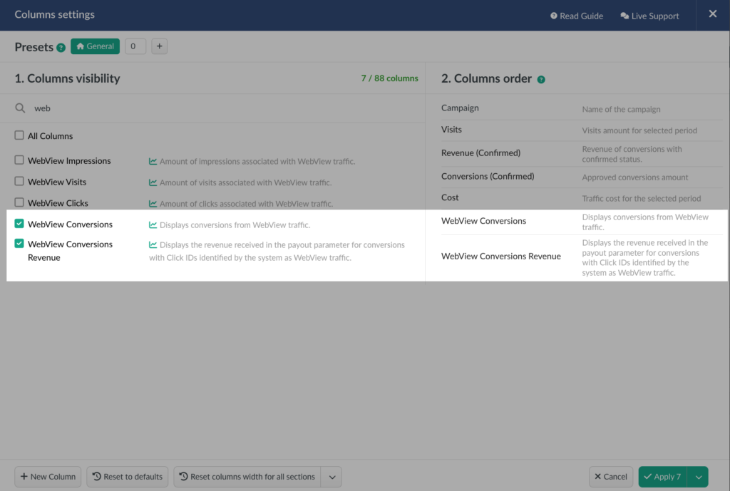 BeMob Column Settings opened window with the selected metrics of Webview Conversions and Webview Conversions Revenue