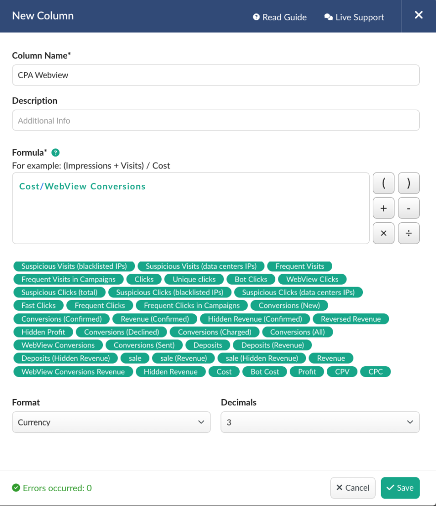 Custom Metric window opened and the new formulae is created based on WebView Conversions metric 