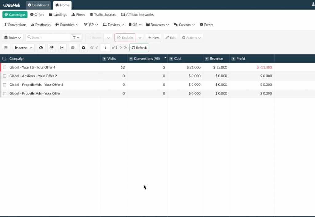 BeMob Tracker panel with the opened window of column settings where new column Bot Cost is selected