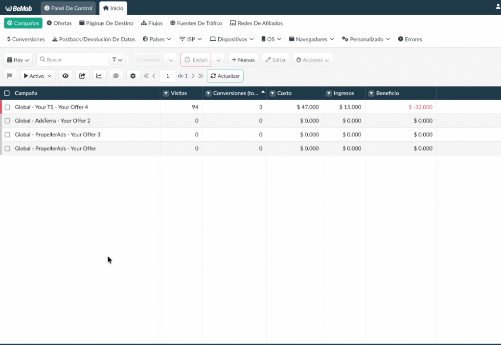 Panel de seguimiento de BeMob con la configuración de columnas abierta y la columna Bot Cost seleccionada