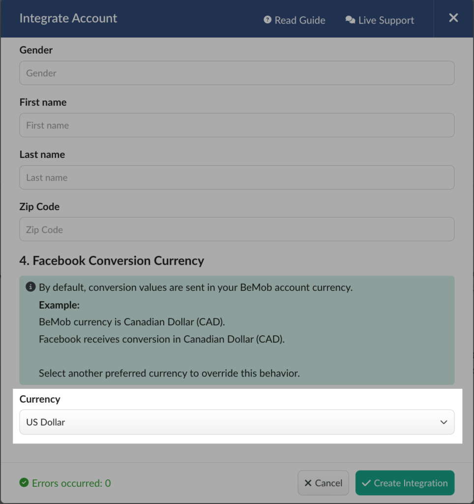 Facebook Integration settings on the side of BeMob tracker with the selection of currency introduced as a new feature.
