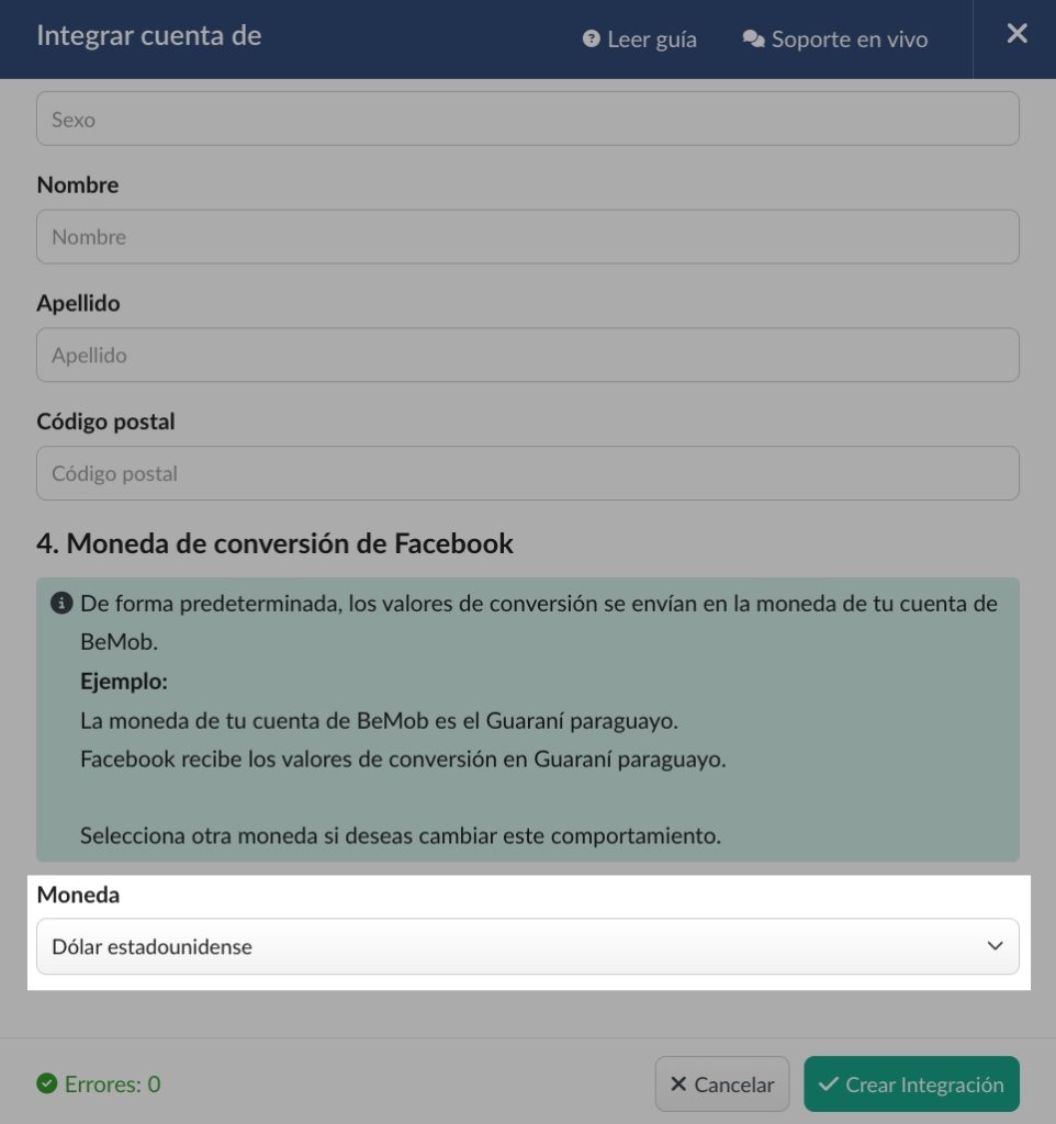 Configuración de la integración con Facebook en BeMob Tracker, con la selección de moneda incorporada como nueva función.