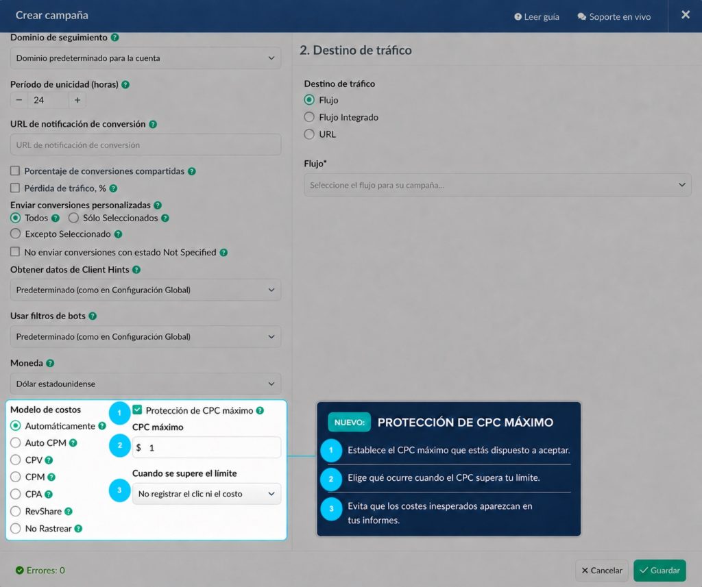 Ventana de creación de campañas de BeMob que muestra la protección de CPC máximo activada, con un límite de CPC máximo y una acción seleccionada para los clics que superen el límite.