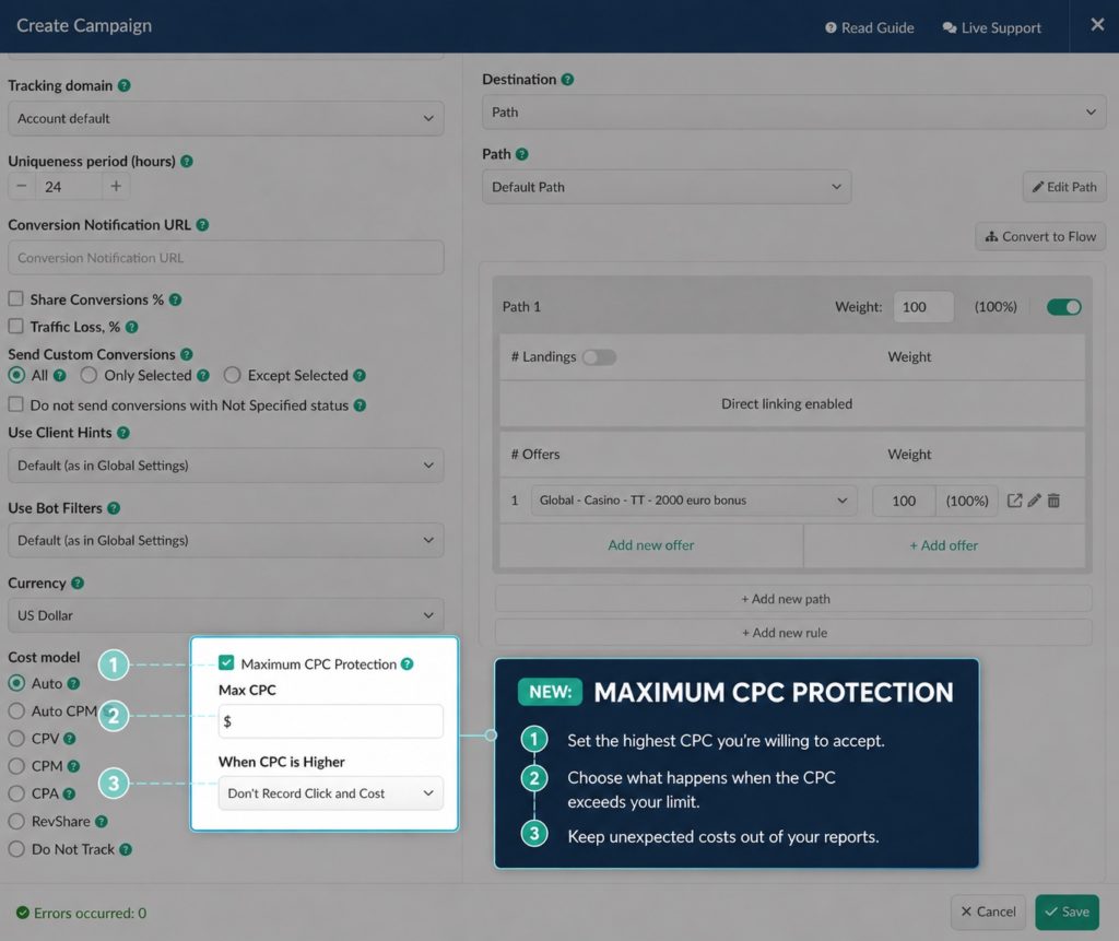 BeMob Create Campaign window showing Maximum CPC Protection enabled, with a Max CPC limit and an action selected for clicks exceeding the limit.
