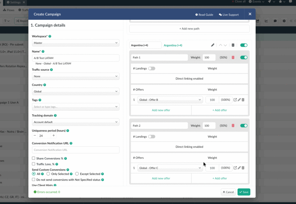 BeMob Create Campaign window showing the option of changing the name of Flow Rule and Flow Names